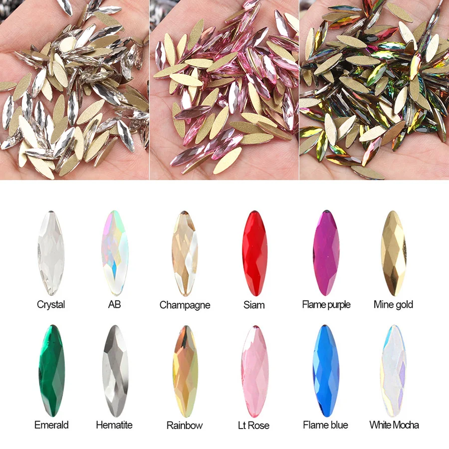 3X11mm Nail Art Rhinestones 30Pcs/Pack Long Horse eye Shaped Glass Colorful AB Stones For 3D Nails Decoration