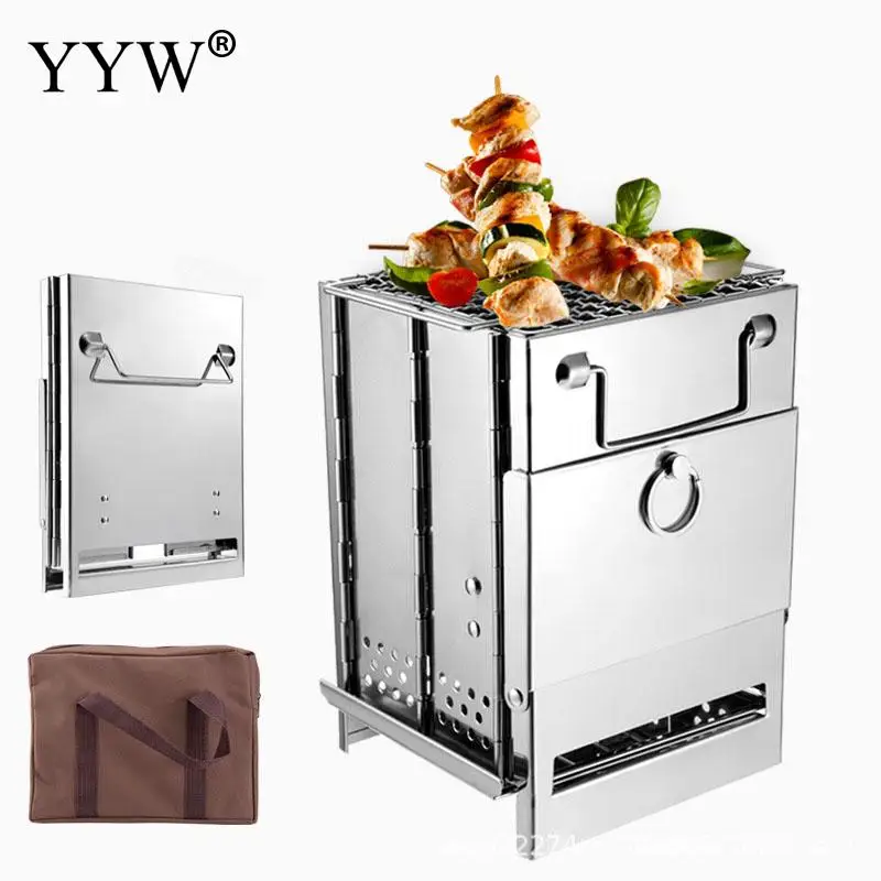 Outdoor Camping Mini Bbq Rack Portable Charcoal Wood Cooking Rice Outdoor Folding Stainless Steel Square Barbecue Grill Stove