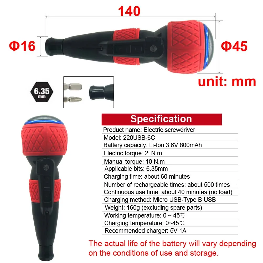 Vessel 220USB-6C Electric Screwdriver Rechargeable with 6 Screwdriver Bits