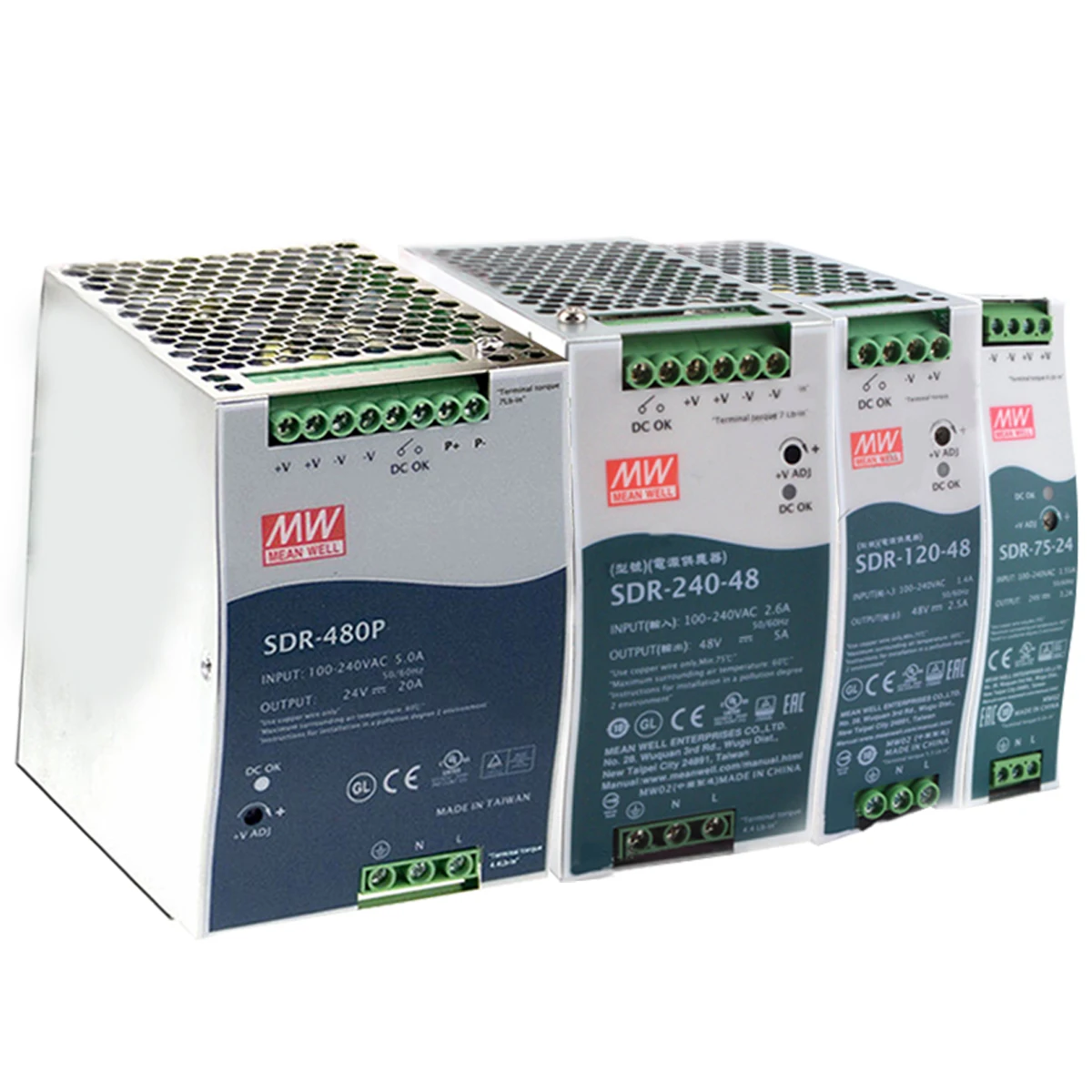 (Mean well)SDR-75/120/240/480/480p/960 Industrial Din rail Power supply ac to dc 12/24/48V original with PFC