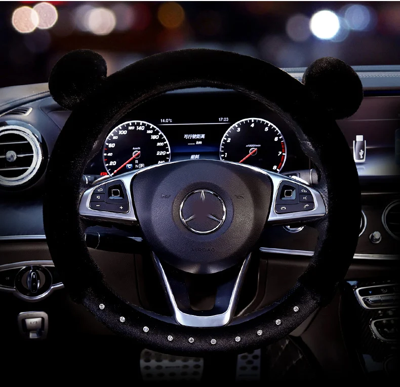 Cartoon Cute Panda Plush Car Steering Wheel Cover Universal Winter Rhinestone Steering Wheel Case Soft Fluffy Auto Accessories