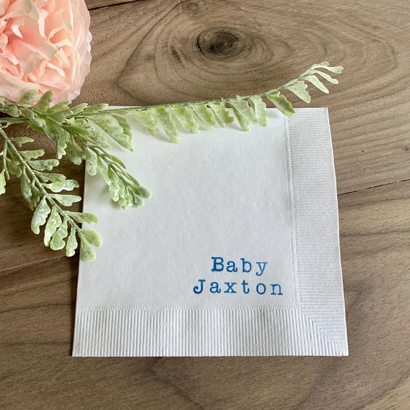 

Minimalist Baby Shower Custom Cocktail Napkins White Napkins Bright Blue ink Baby Birthday 3 Ply Paper beverage napkins