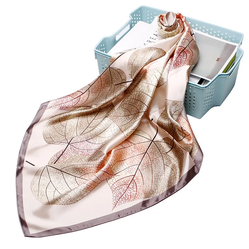 

QLUKEOYY Silk Scarf Women 2021 New 90cm Silk Simulation Small Square Scarves Leaf Print Shawl Kerchief Coverchief Headcloth