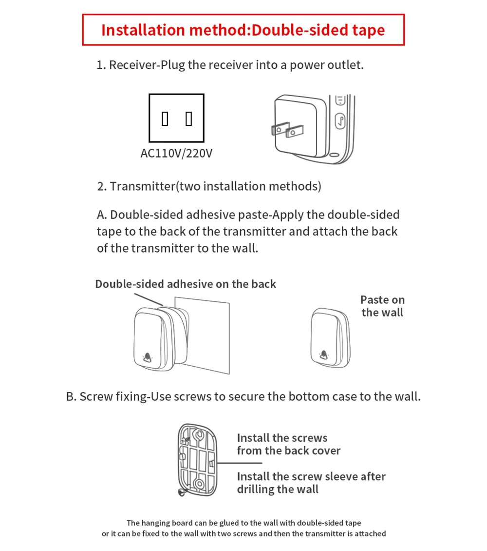 CACAZI FA78 Self-powered Wireless Doorbell Sets for Smart Home Battery-free Waterproof 300M Range US EU UK AU Plug Cell Bell