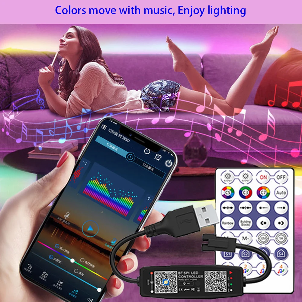 Music Bluetooth Compatible with Magic Color Controller, USB Interface, APP Control, Running Water, Horse Racing Model, DC5V-24V