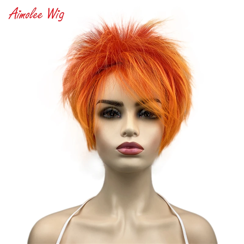 Aimolee Orange Short Straight Cosplay Women Synthetic Natural Hair Wig with Bangs