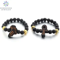 SOMESOOR Egyptian Ankh Bracelet Wood African Map Engraved Wristband Lava Stone Beads Ethinic Charms Bangle For Women Men Gifts