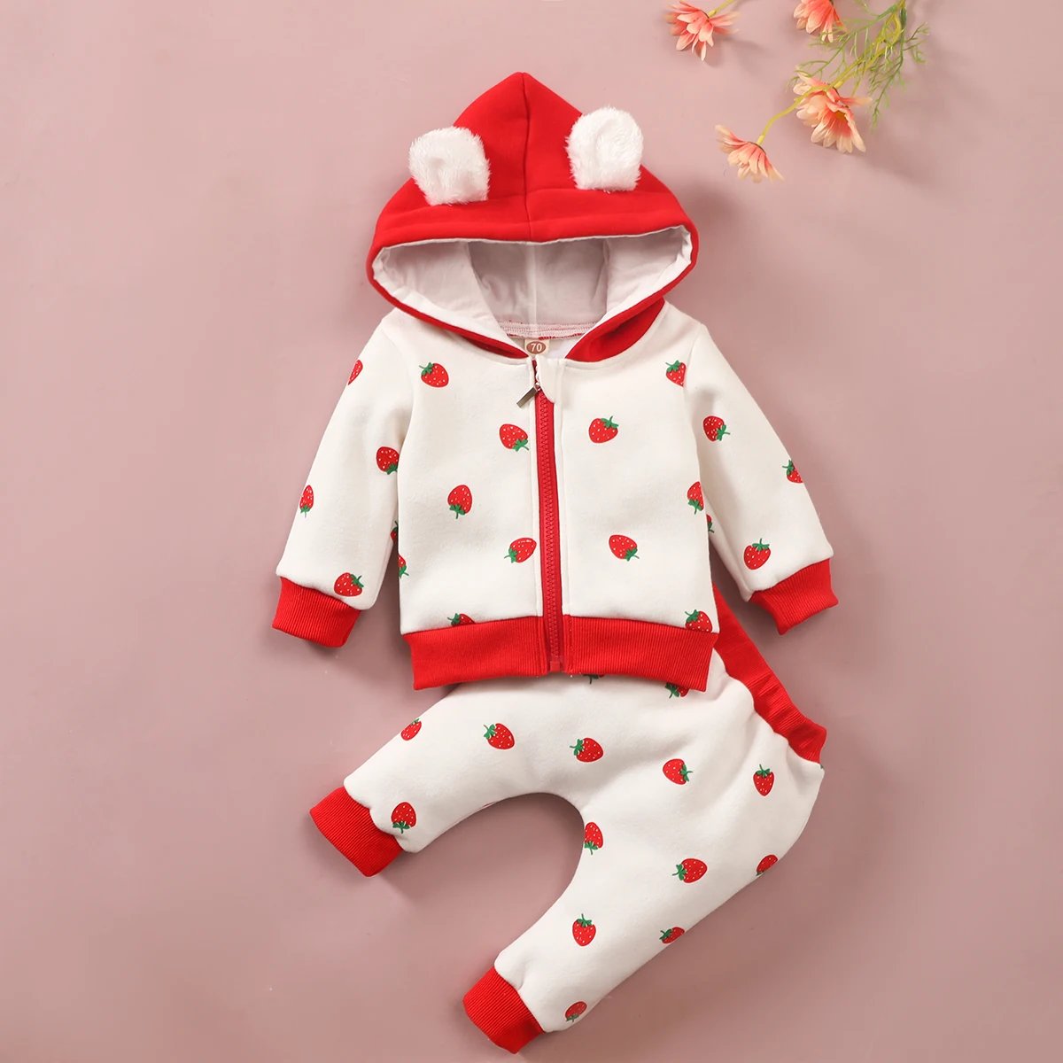 

Christmas Baby Girl Clothes Sets Strawberry Winter Hoodies Zipper Coat Print Pants Thick Warm Girls Clothing Cute Toddler Outfit