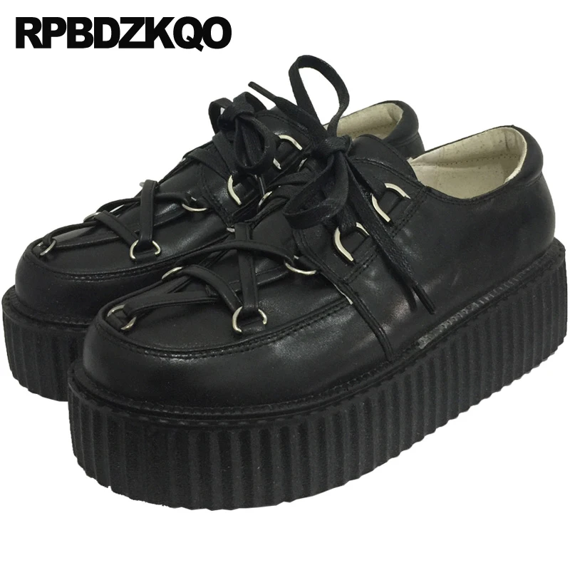 

Elevator Japanese Flats Creepers Platform Lace Up Muffin Designer Shoes Women Luxury 2021 Metal Thick Sole Black Large Size