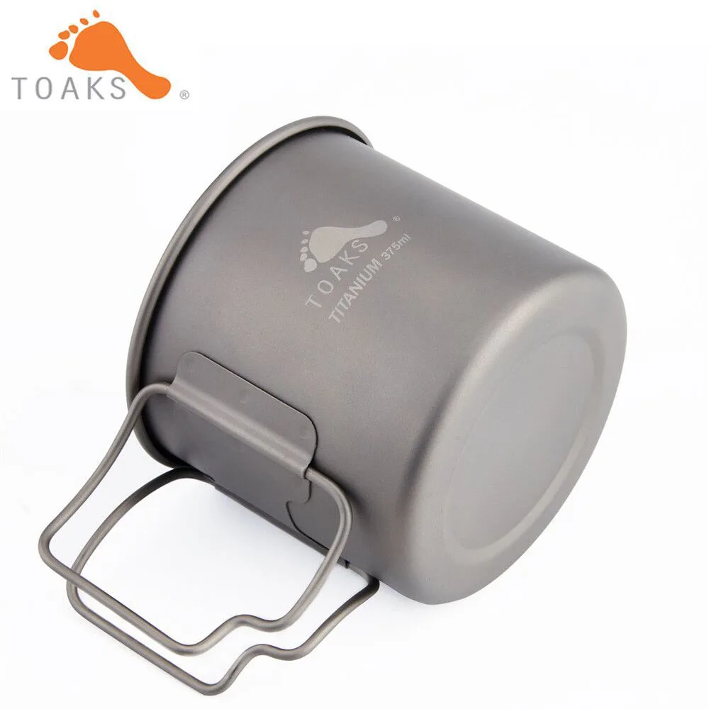 TOAKS Pure Titanium Cup Ultralight Outdoor Coffee Tea Mug without Lid and Foldable Handle Camping Cookware 375ml 50g CUP-375