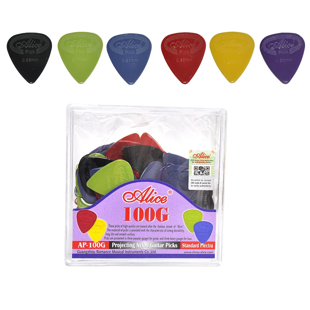 100pcs/pack Alice Projecting Nylon Guitar Picks Standard Plectra AP-100G Multi Thickness