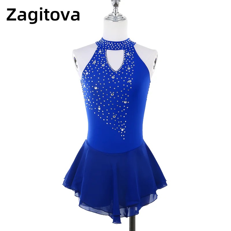 ZAGITOVA Figure Skating Dress Women Girls Ice Skating Skirt Sleeveless Steel Tube Dance Backless Rhinestones Mesh Skirt