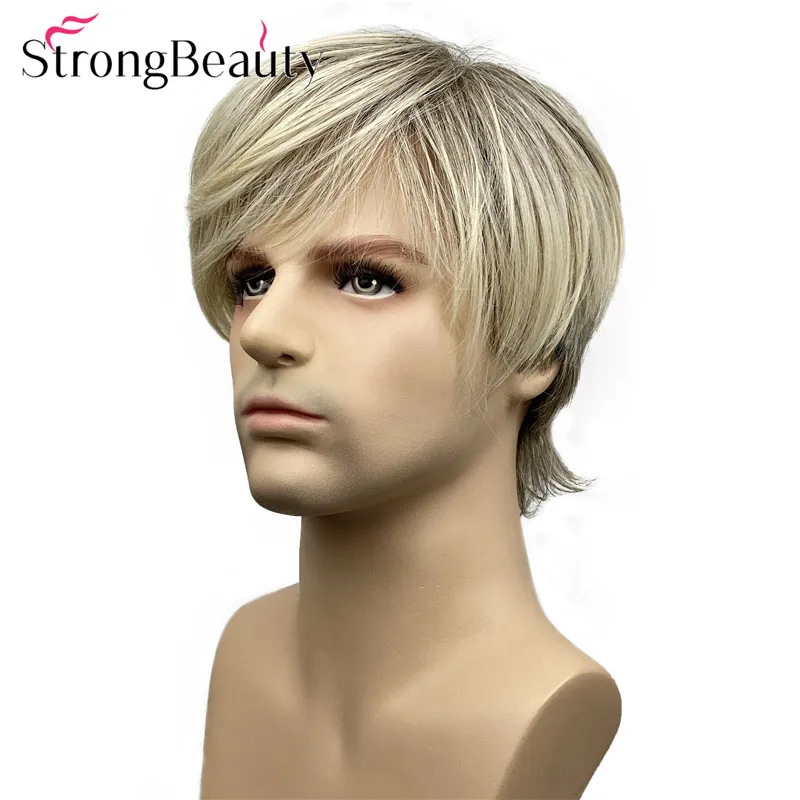 StrongBeauty Perucas masculinas curtas e retas, cabelo castanho dourado, resistente ao calor, peruca sintética sem tampa