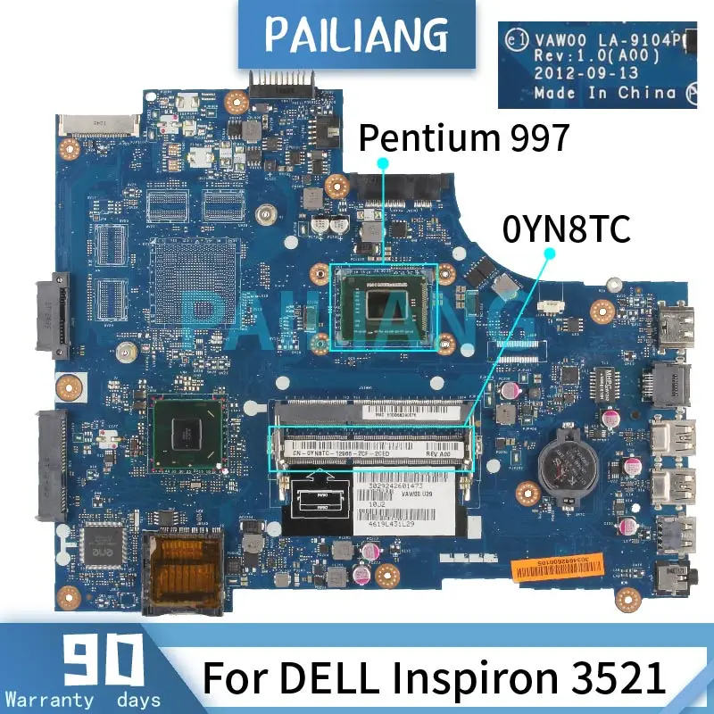 Pentium 997 For DELL Inspiron 3521 Laptop Motherboard CN-0YN8TC 0YN8TC LA-9104P SR0V5 DDR3 Notebook Mainboard Full Tested