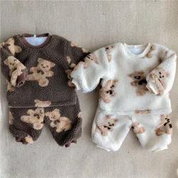 Winter Baby Boys And Girls Cute Cartoon Clothes Set Kids Thicken Warm Fleece Bear Sweatshirt Tops Pant Suit Children 2pcs Set