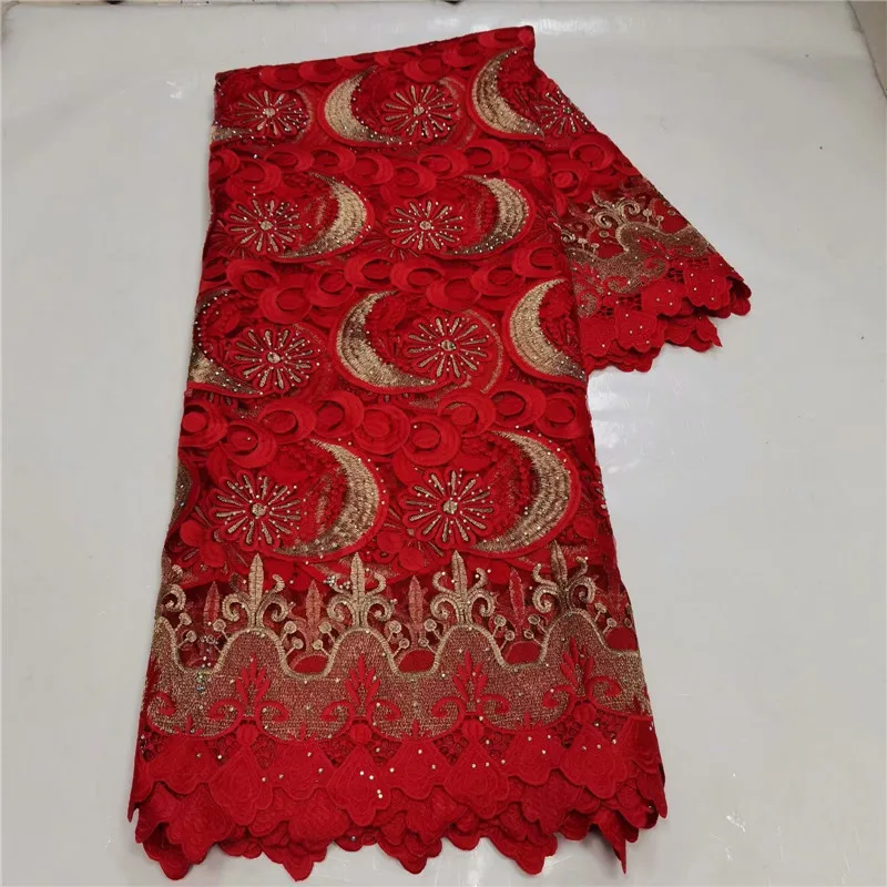 African Guipure Cord Lace Fabric with Rhinestones, Nigerian Lace Fabrics for Wedding Dress, Black and Red, High Quality, 2021