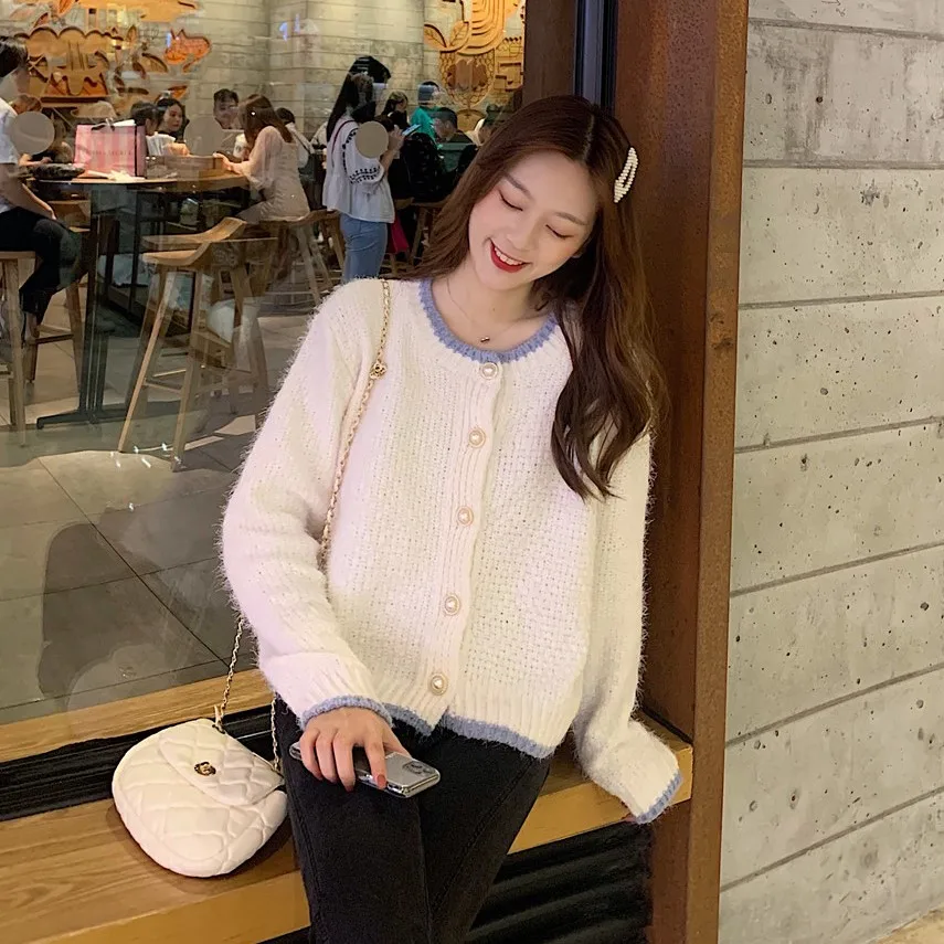 Coat female 2020 spring new style Japanese-style sweet women Pearl breasted short knitted cardigan wild top