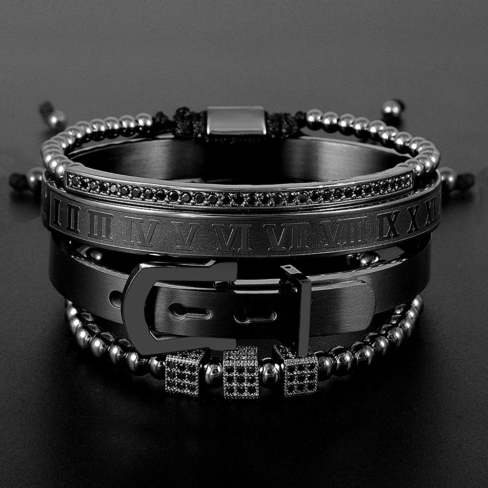 Zalman 4pcs/Set Men Titanium Steel Roman Numeral Beaded Bracelets Horseshoe Buckle Bangles Boy Pulseria Luxury Handmade Jewelry