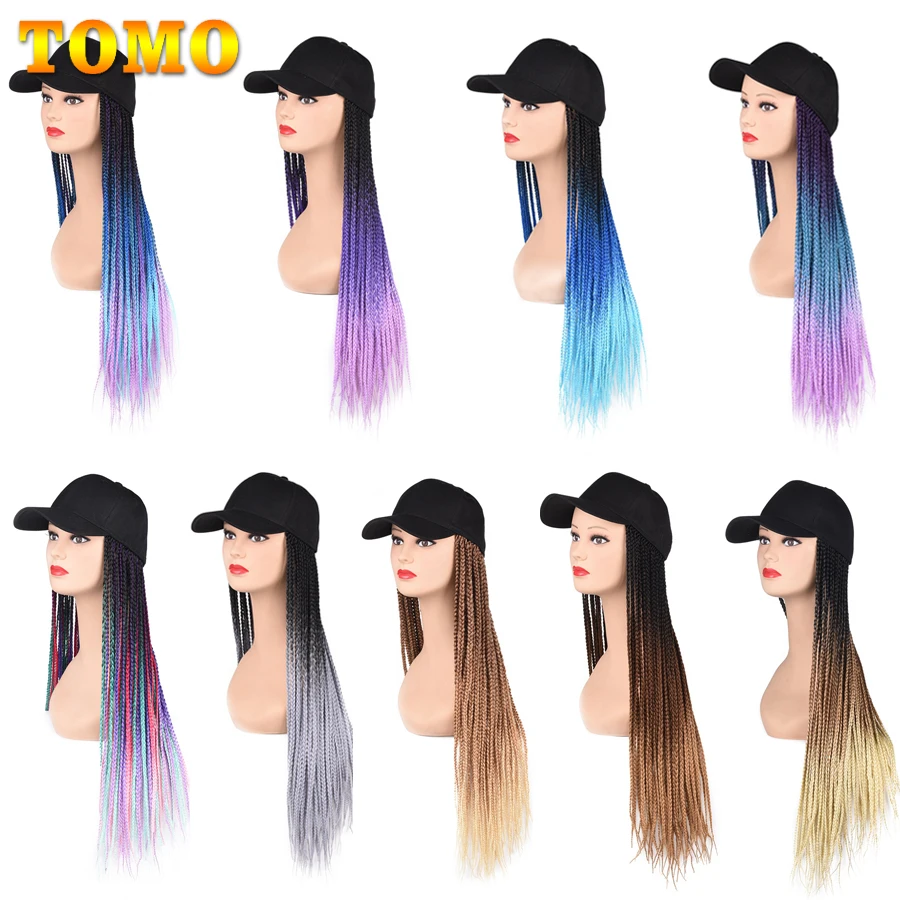 TOMO Long Baseball Cap Braids Wigs Ombre Color Synthetic Box Braided Hair Hat Wig Adjustable For Girl High Temperature Fiber 24