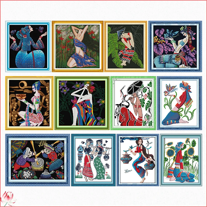 Minority Figures Cross Stitch Kit 14ct 11ct Printed Fabric Beauty Embroidery Kit DIY Handmade Needlework Home Decoration Craft