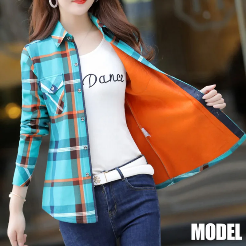 PEONFLY Big Size Velvet Thick Warm Women Plaid Shirt Female Long Sleeve Tops 2023 Autumn Winter Casual Blouse Femme