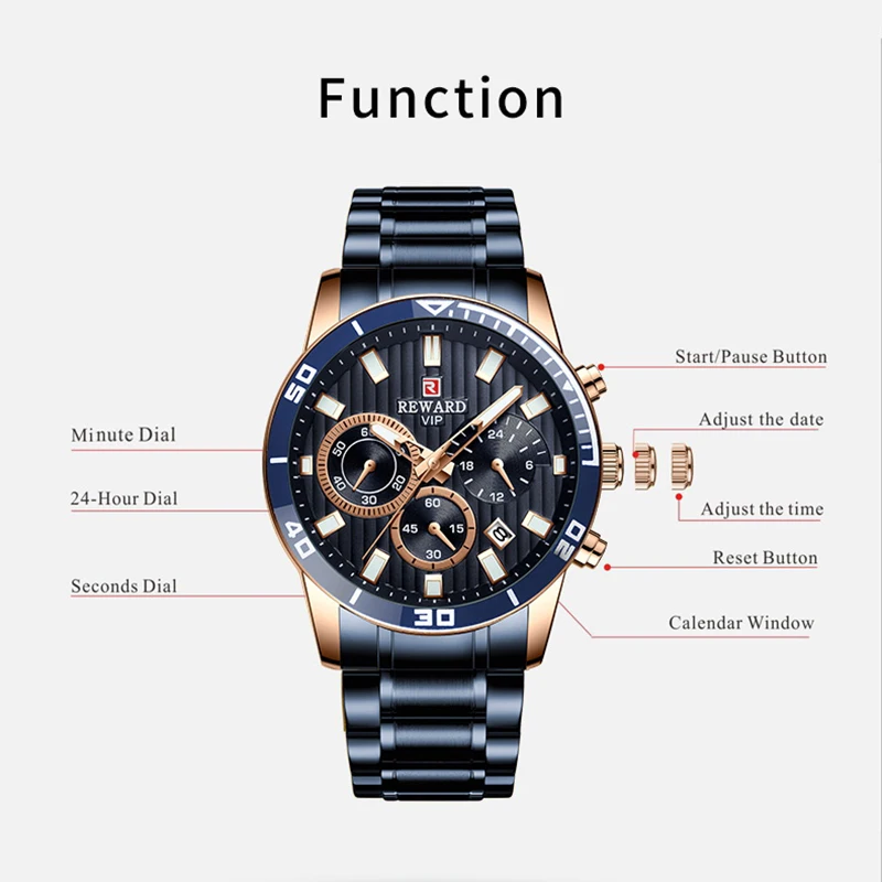 REWARD Men Quartz Watches Luxury Business Casual Wristwatch Stainless Steel Strap Chronograph Waterproof Wrist Watches for Male