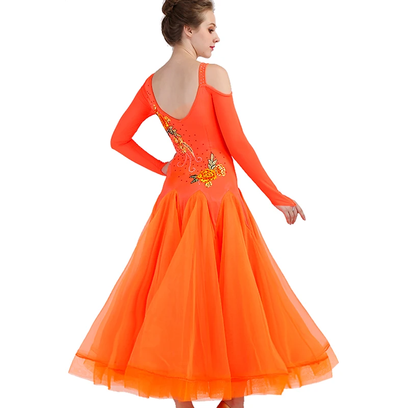 Ballroom Competition Dance Dresses Women New Long Sleeve Elegant Flamenco Dancing Costume Orange Standard Ballroom Dress