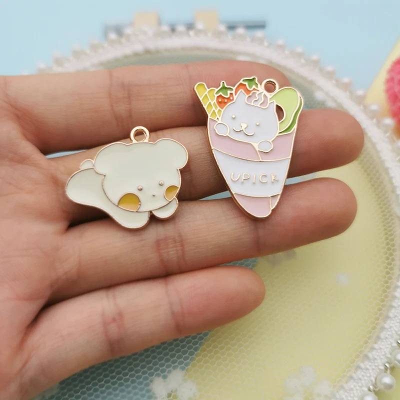 10pcs Cartoon Ice Cream Cat Enamel Pendant Charms Drop Oil Pussy Alloy Charms Fit Bracelet Earring Jewelry DIY Accessories YZ851