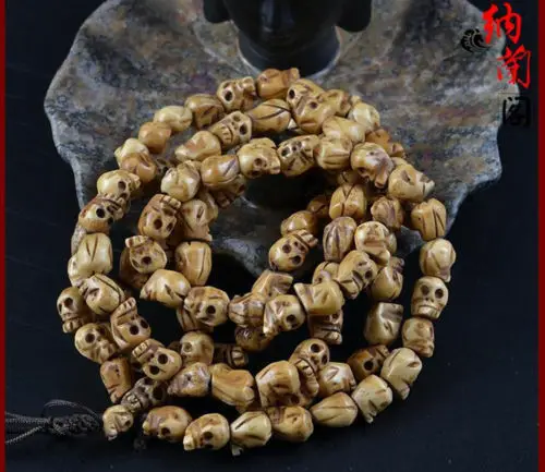 Vintage 108 Bead Buddhism Tibetan Yak Bone Skull Meditation Prayer Mala Necklace