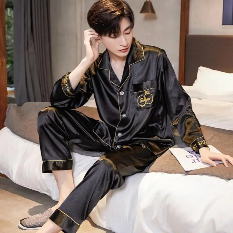 Casual Sleep Set Embroidery Men Pajamas Set Satin Lapel Sleepwear Loose Big Size 2PCS Shirt&Pant Long Sleeve Collar Home Clothes