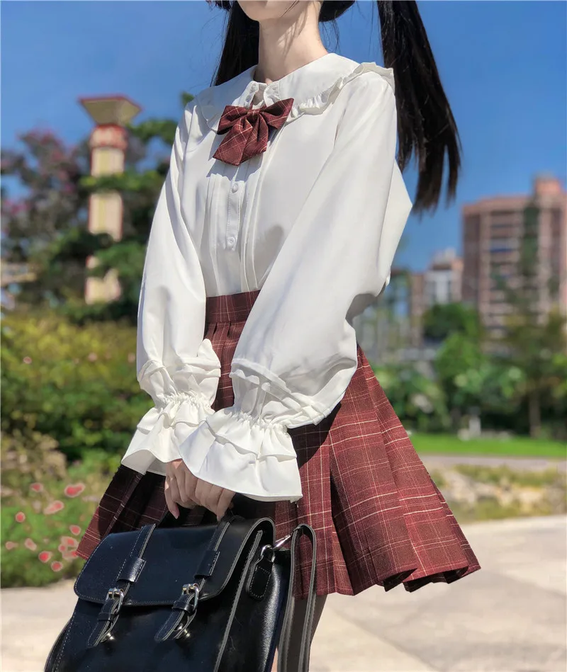 Pagoda Sleeve Blouse Spring Autumn Doll collar Beige Lolita with JK Uniform Long Sleeve White Blouse For Studen Girl High School