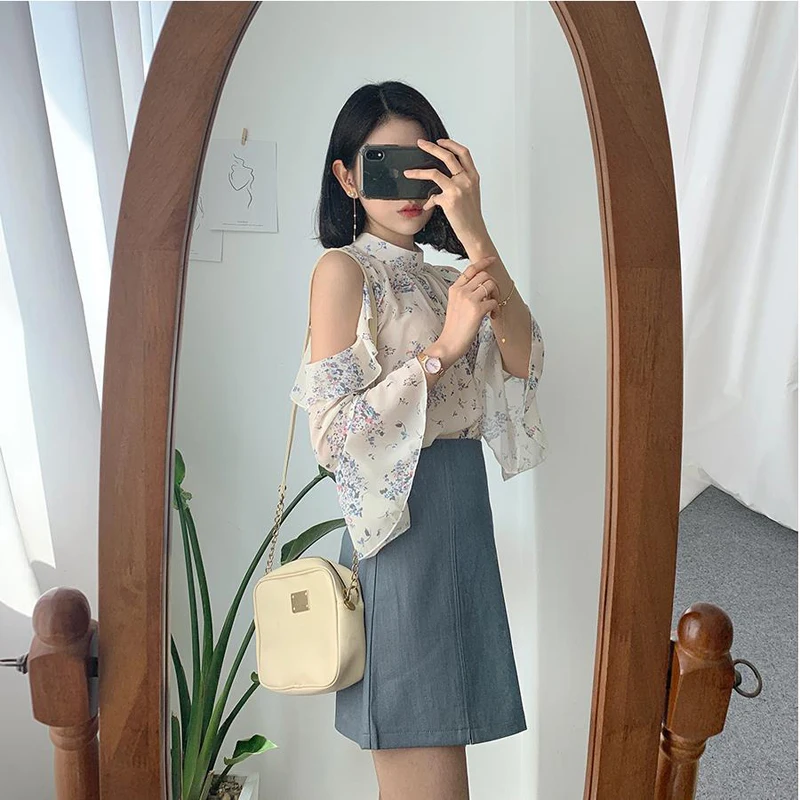 Off Shoulder Chic Tops Flare Sleeve Cute Sweet Girls Women Flhjlwoc Japanese Korea Style Floral Hollow Out Ruffled Top Blouse