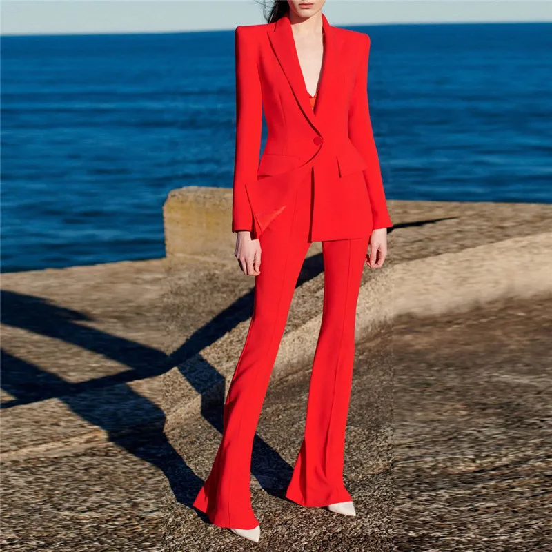 Alta qualità New Fashion 2024 Designer Blazer Suit Set completo da donna con bottoni singoli Blazer rosso Flare Pants Suit