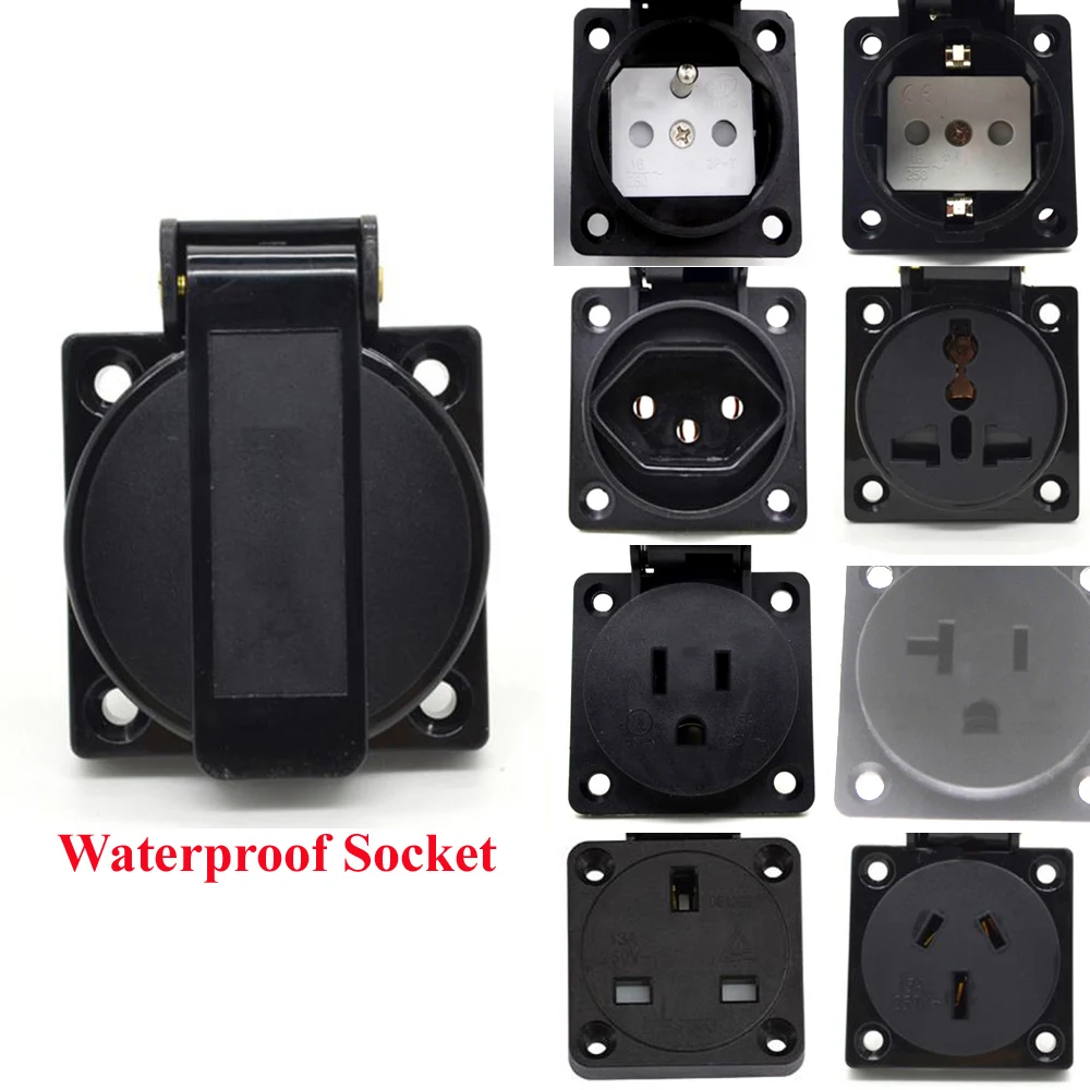 1PCS Black Blue AU US UK EU German Frence Brazil Swiss universal industry AC power socket outdoor dustproof waterproof socket