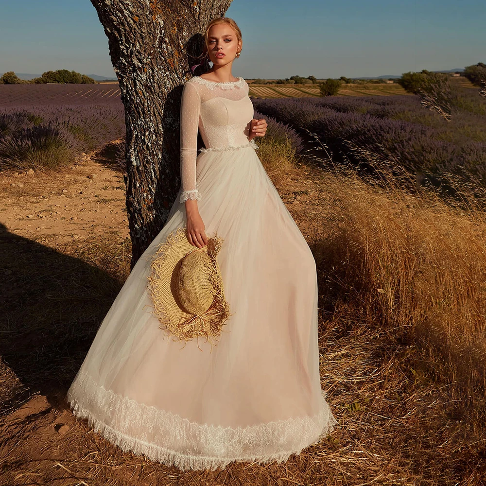 Vestido de novia de manga larga con cuello redondo, encaje hecho a medida, botones de cierre, tul punteado, estilo rústico, maxilite, fotografía, boda