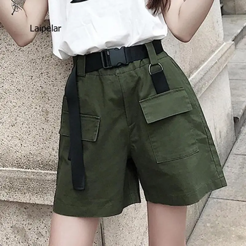 Women Summer Shorts with Belt 2021 Fashion Casual Street Wear Cargo Feminino Army Green Femme