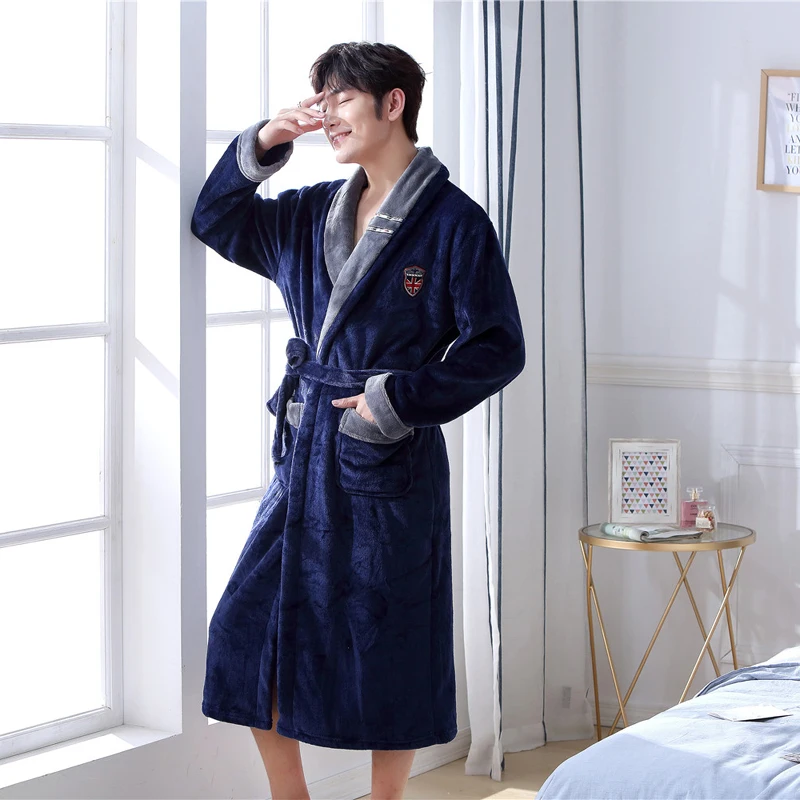 Solid Colour Intimate Lingerie Warm Full Sleeve Negligee V-neck Home Dressing Gown Male Kimono Bathrobe Gown Nightwear