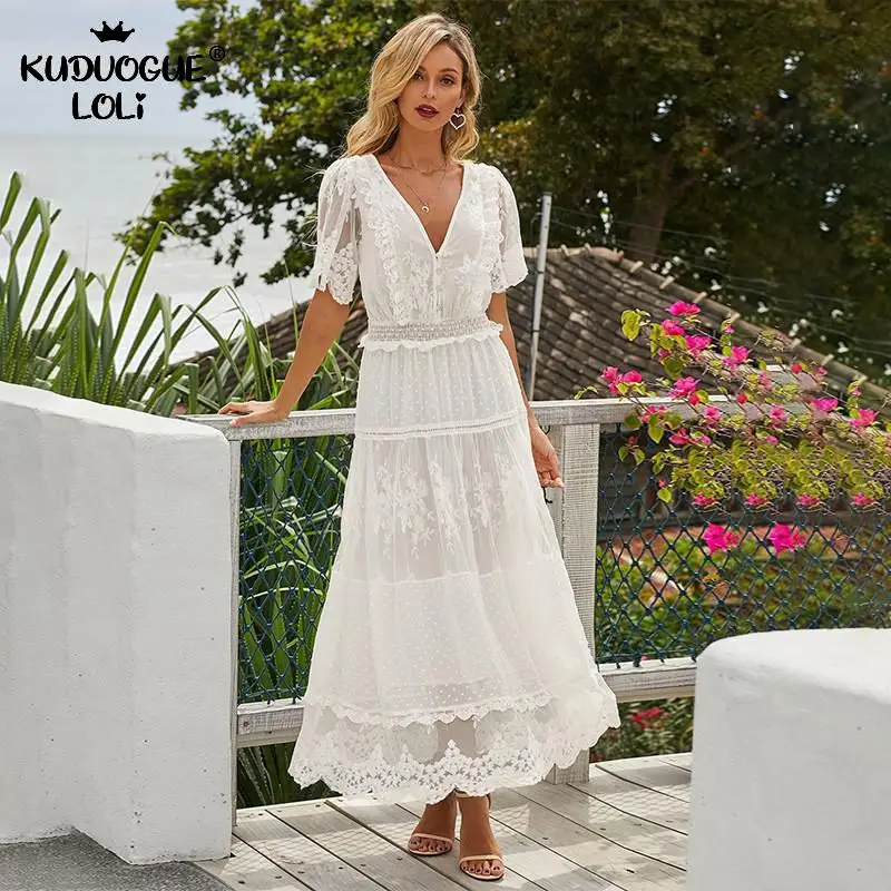 Summer Long Lace Dress For Women Casual V-neck Short-sleeve Stitching Pleated Girls Embroidered High Waist Sandy Beach Sundress