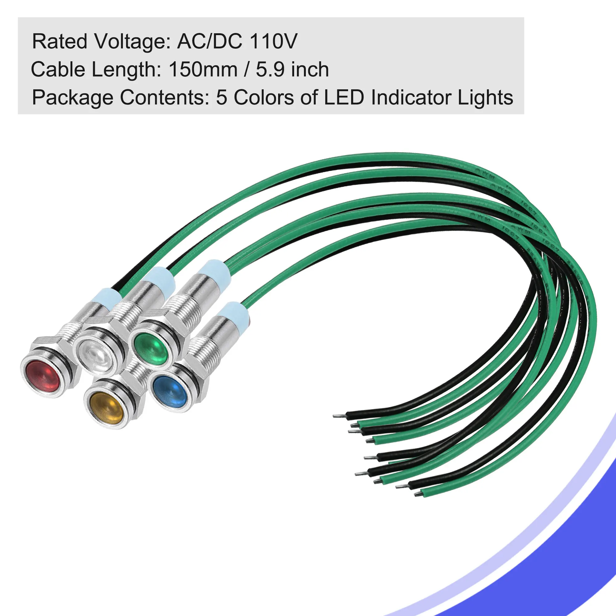 Uxcell 5 قطعة AC/DC 110V 6 مللي متر 5 اللون LED ضوء مؤشر الإشارة دافق لوحة + 150 مللي متر كابل