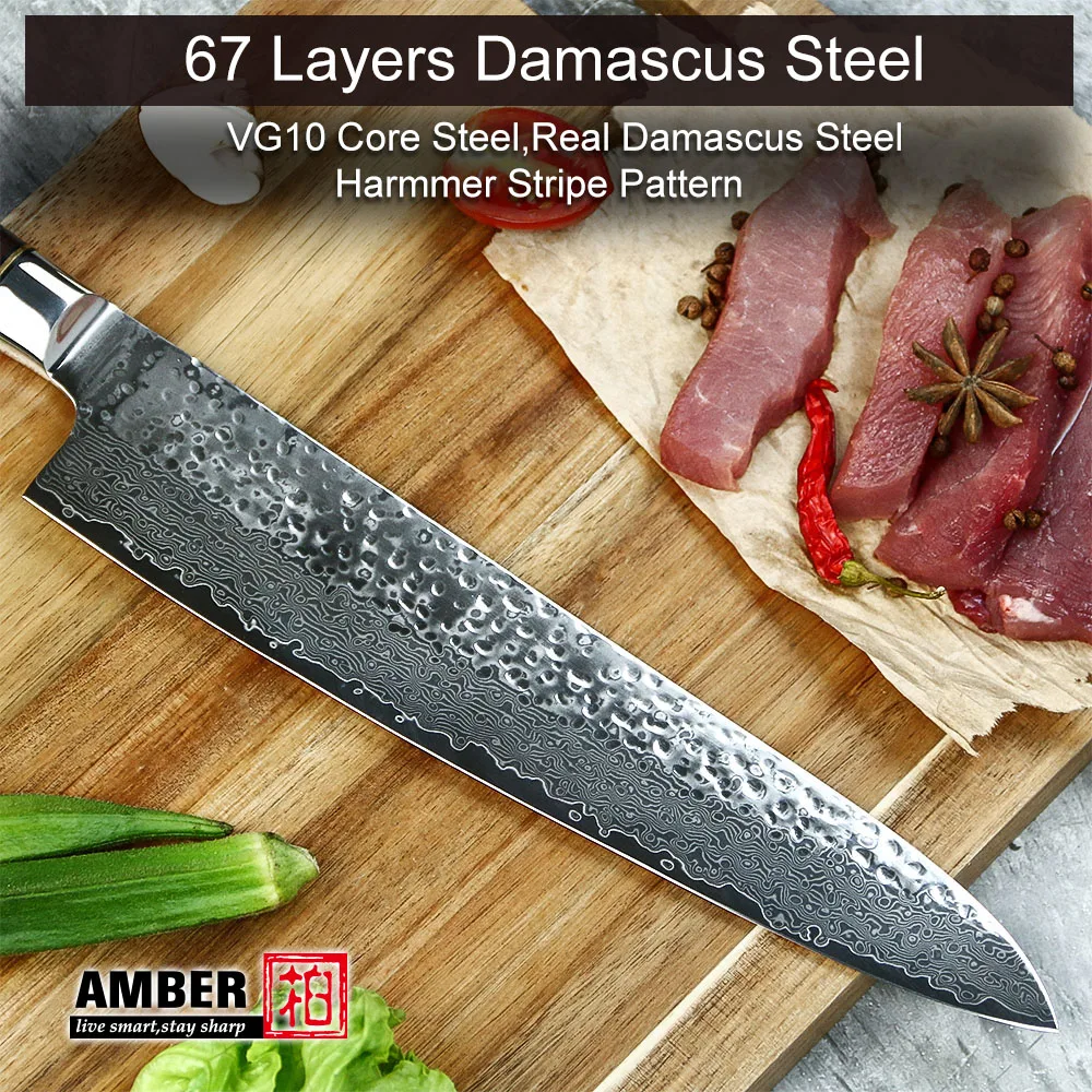 AMBER 10 inch Professional Chef Knife 67 Layers VG10 Damascus Knife High Carbon Stainless Steel Forged Knives for Kitchen