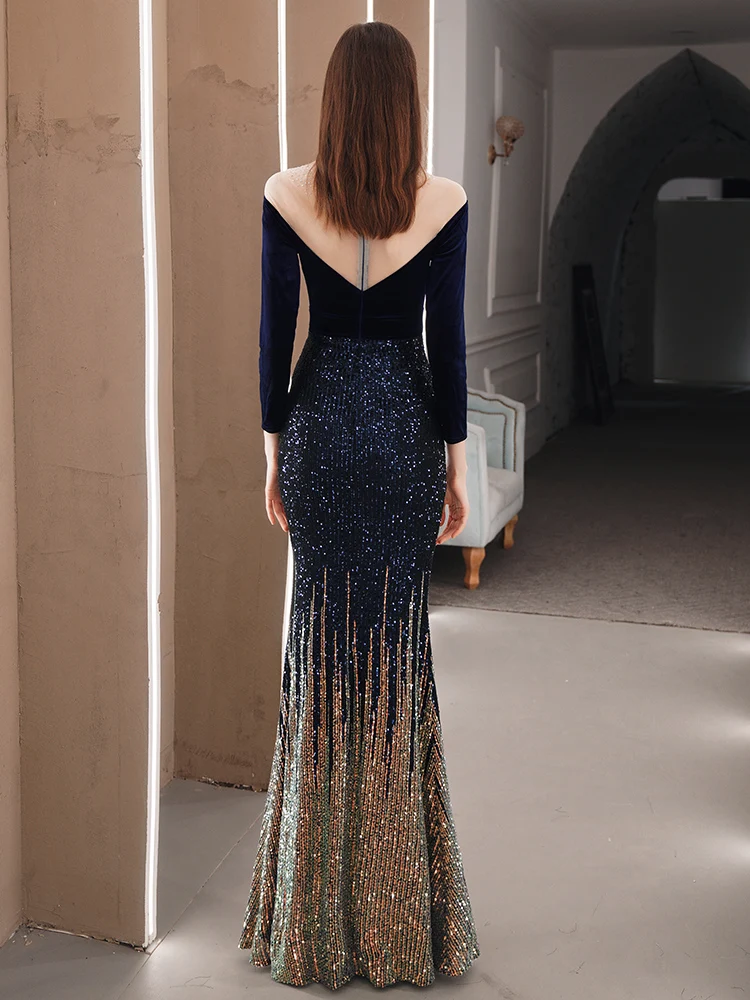 DEERVEADO Elegant Velour Mermaid Sequins Evening Dresses Women Formal Dress Party Gown Maxi Dress K18291