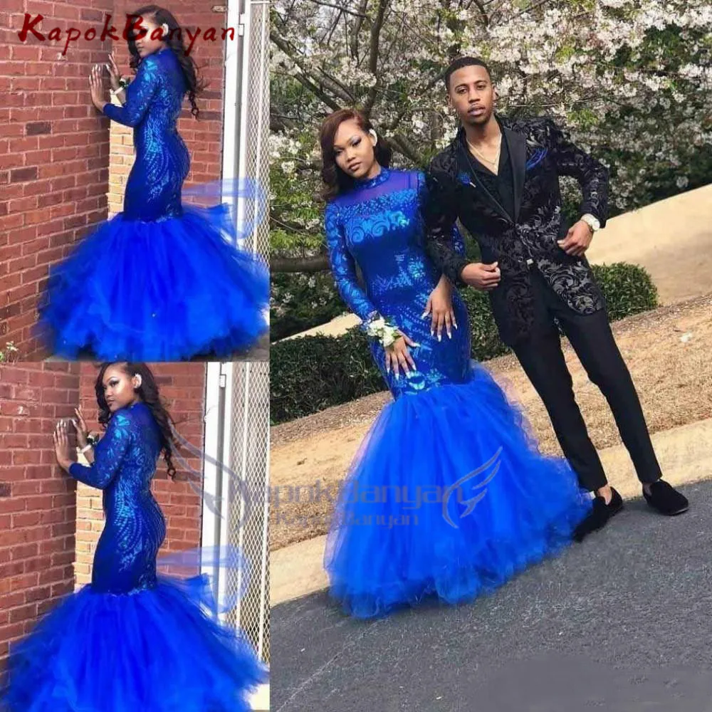 Royal Blue Mermaid Prom Dresses Lange Mouwen Pailletten Tulle Sheer Hals Illusion Zwarte Meisjes Formele Avondjurken Plus Size