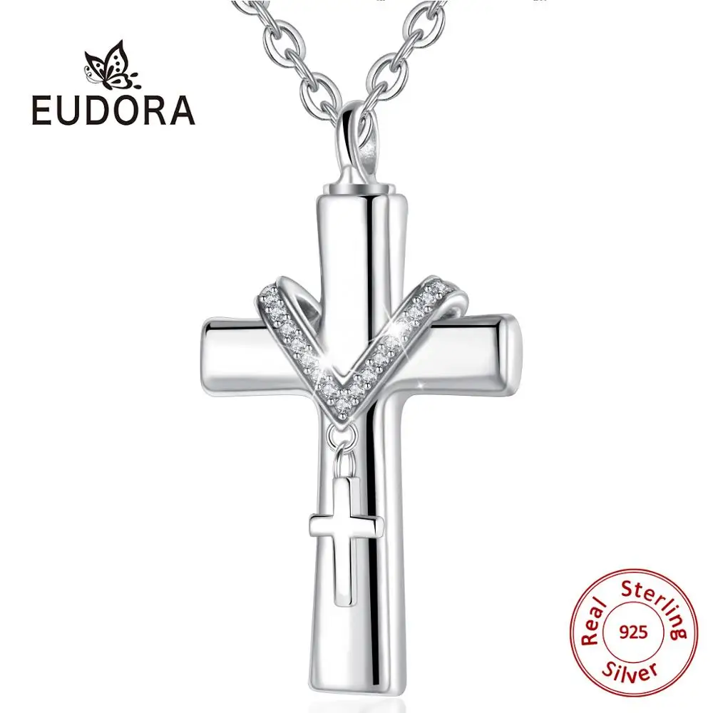 

Eudora Sterling Silver Classic Cross Cremation Ashes Urn Necklace Keepsake Jewelry Ashes Memorial Pendant for Women/Men CYG002