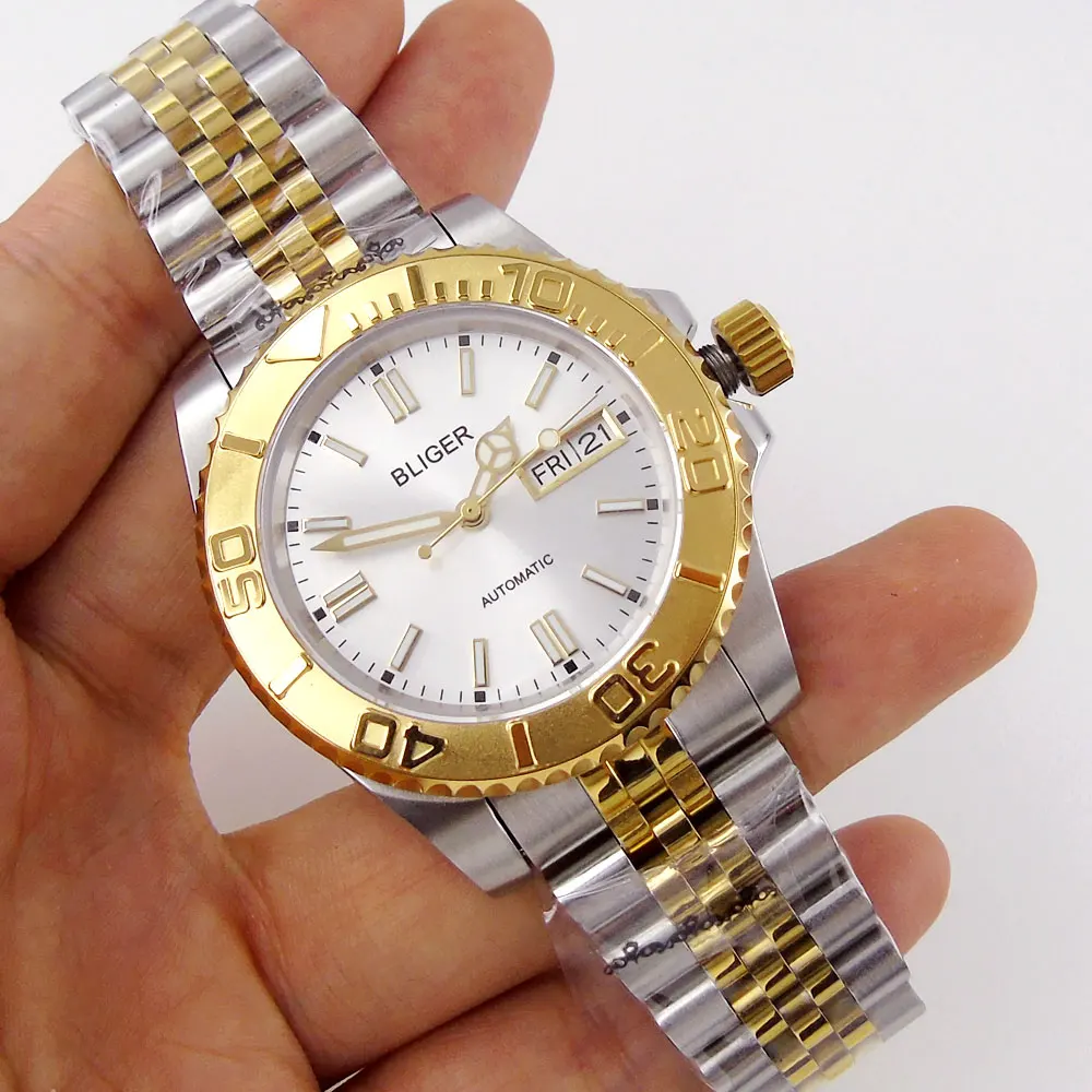 

Gold Plated Sapphire Men's Automatic Watch NH36 Movement Day/Date Silver Face Two Tone solid Band Ceramic Rotating Bezel
