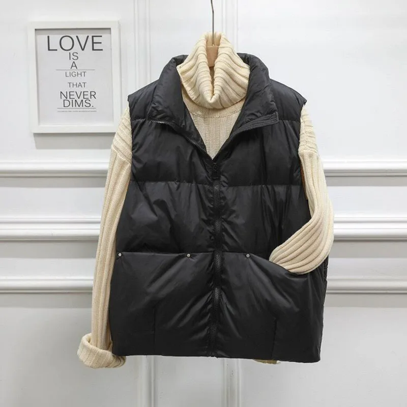 2023 New Winter Oversize Thin Duck Down Vest Women Jackets Fashion Pocket Waistcoat Autumn Puffer Jacket Loose Parkas