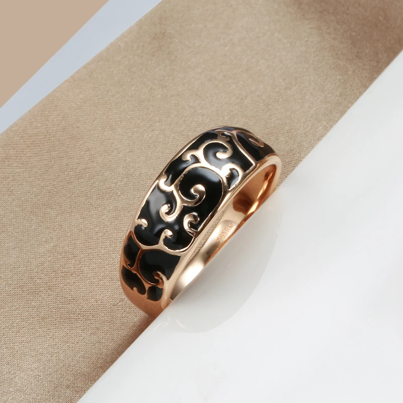 Kinel Luxury 585 Rose Gold Black Enamel Ring Unusual Ethnic Pattern Bride Wedding Rings Creative Fashion Jewelry 2022