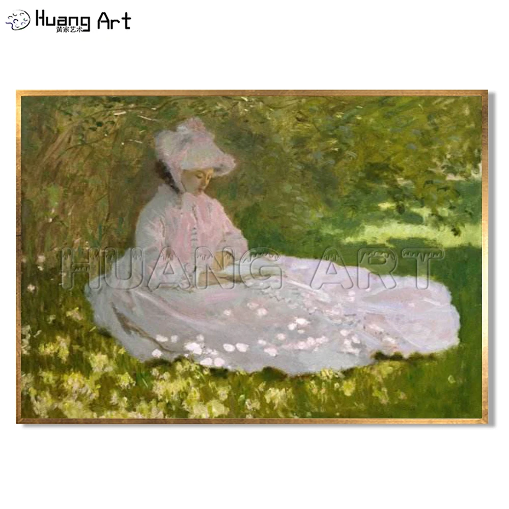 Pure Hand-Painted The beautiful Girl Sat on the Grass Landscape Figure Imitation Painting Claude Monet Oil Painting on Canvas