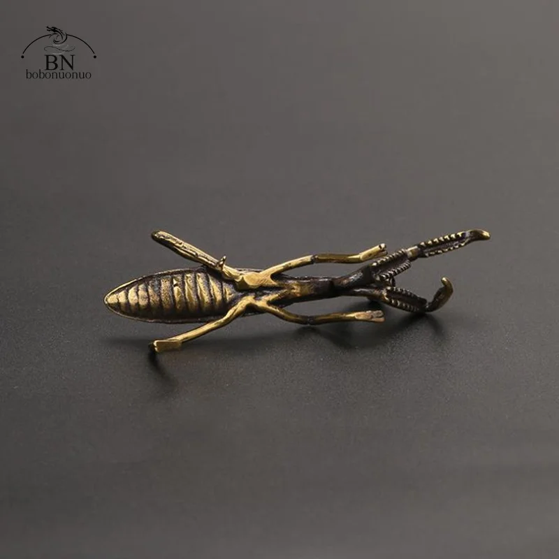 Copper Mantis Miniature Ornament Tea Pet Antique Solid Insect Figurine Desk Decoration Craft Accessories Vintage Flowerpot Decor