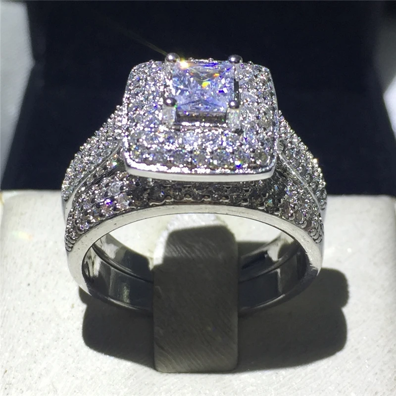 Luxury promise Rings Set 925 Sterling Silver Wedding Ring Set band for bridal girls and Women ladys love couple pair jewelry