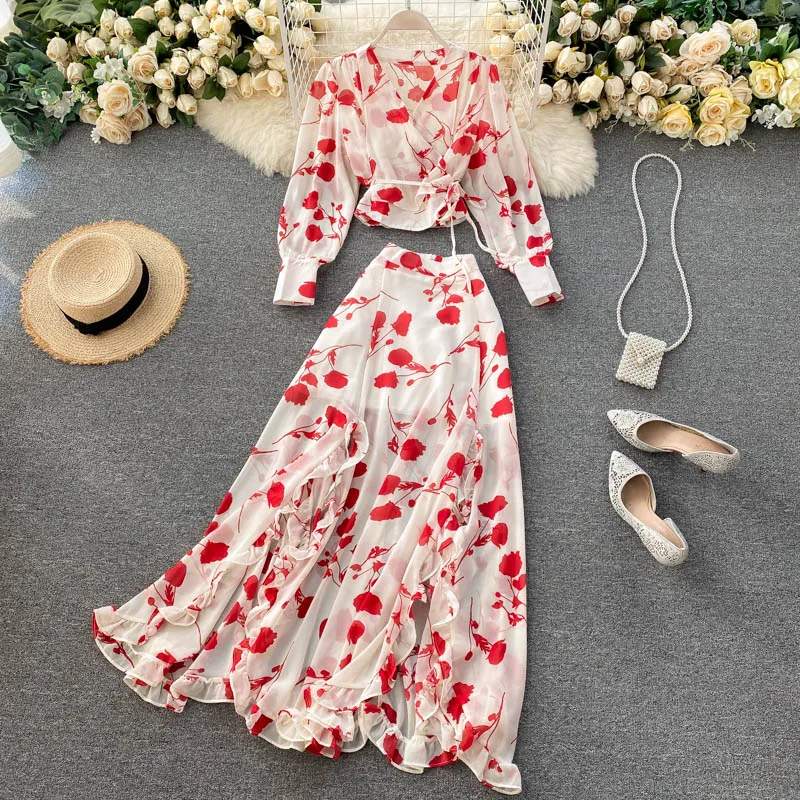 

Women Summer Bohemian Print Chiffon Two Piece Suit V Neck Long Sleeve Tops+High Waist Irregular Ruffles Split Skirt Set